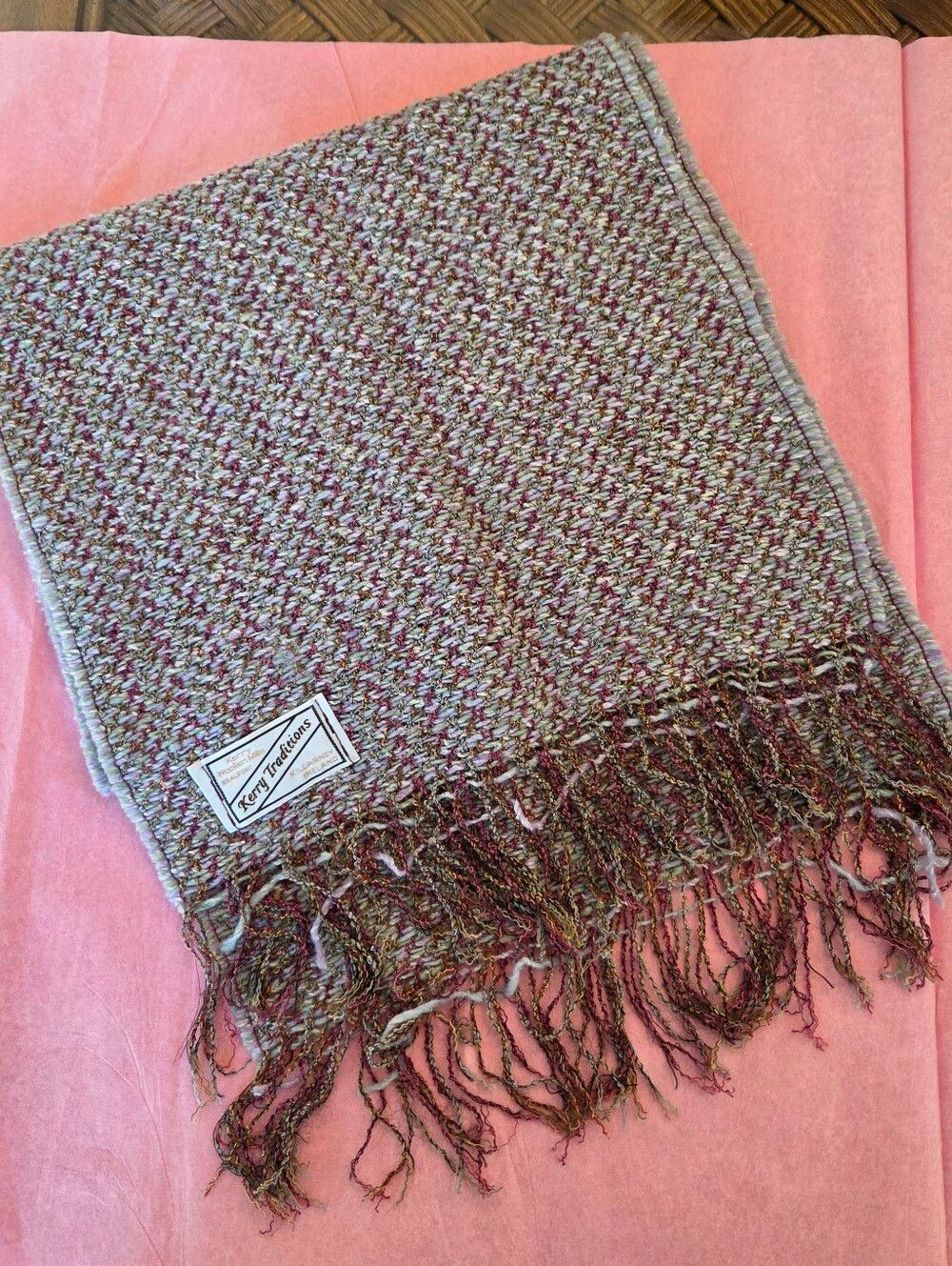 Kerry Woollen Mills Irish Wool Tweed Long Scarf 12x61 Multicolor with Fringe